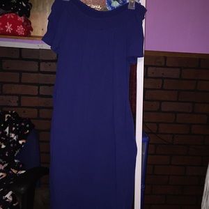 Dark blue, dress a little above the knee.
